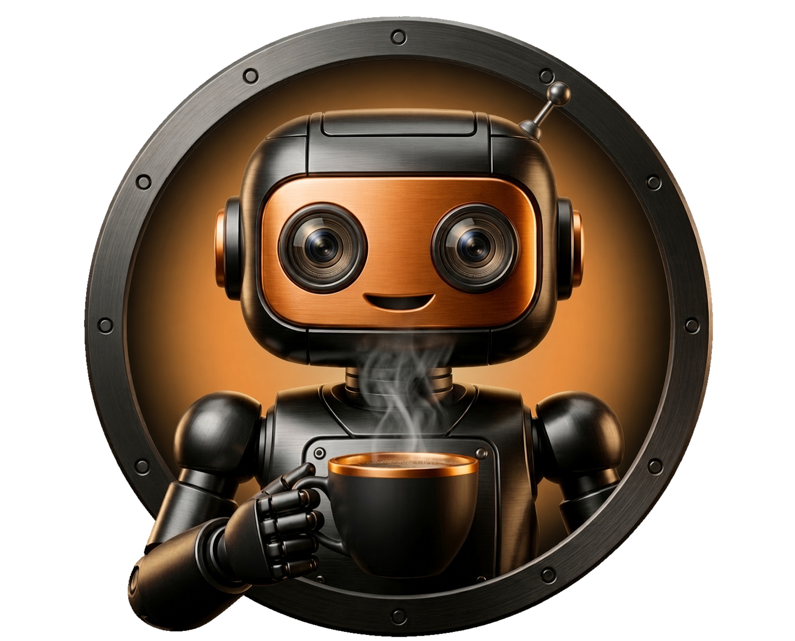 Brewster, the Bots n' Beans robot, holding a cup of coffee